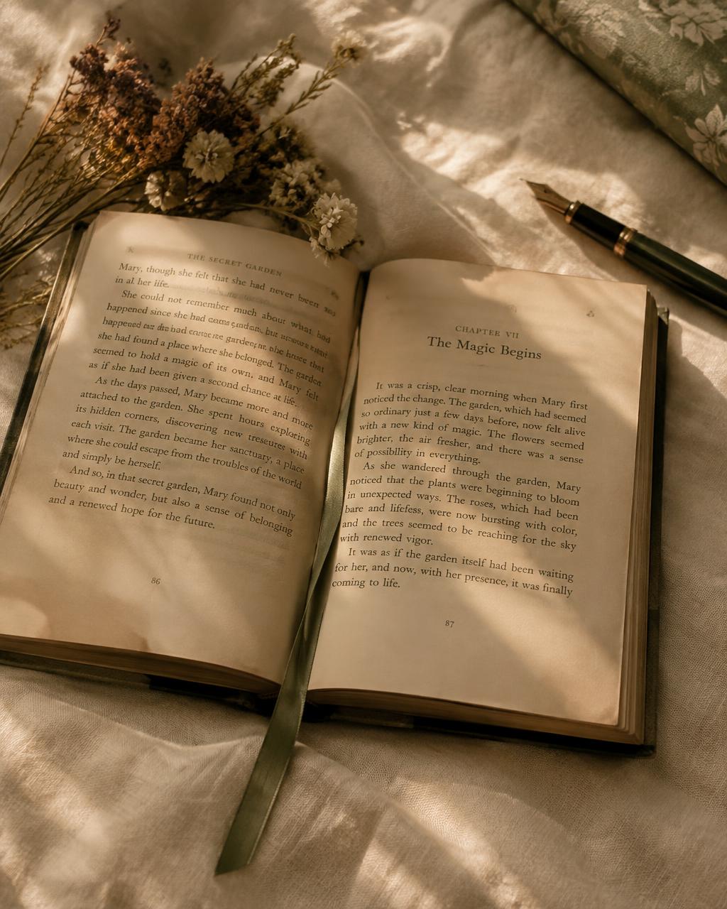 An open antique book with a ribbon bookmark on cream linen